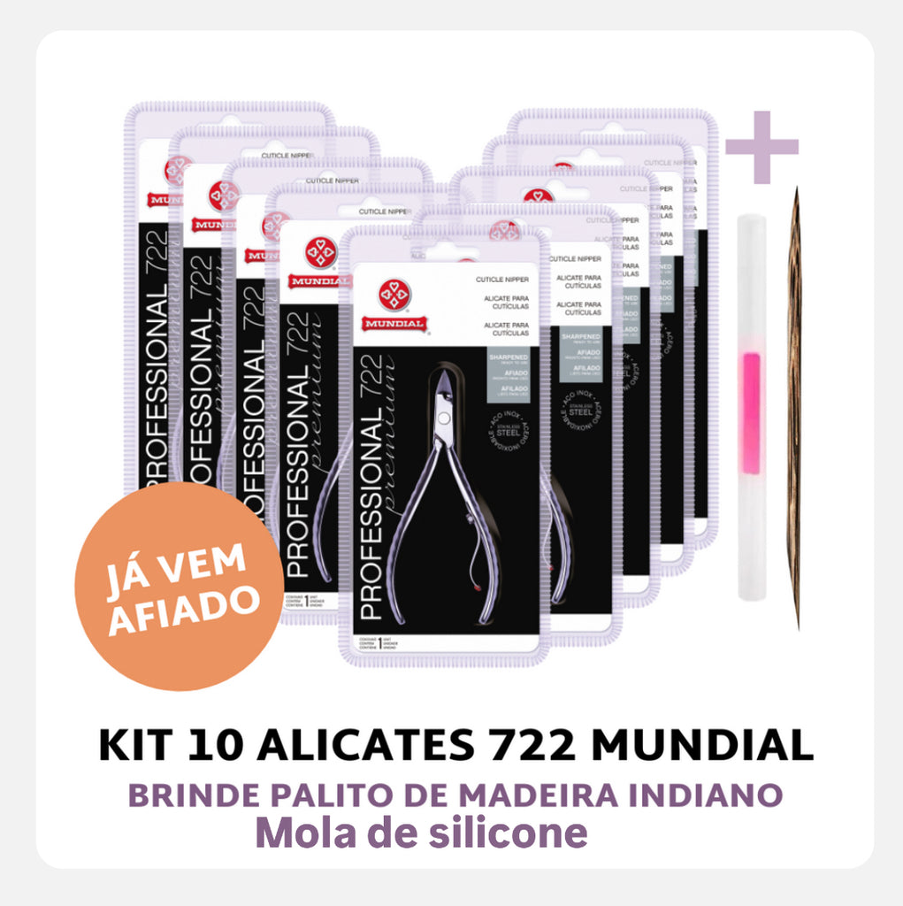 Kit 10 Alicates 722 Mundial + Brinde Palito de Madeira + mola de silicone