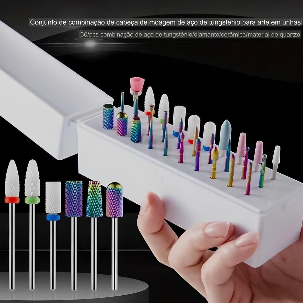 Kit com 30 Peças de Brocas de Unha Cerâmica Cutícula e Carboneto de Tungstênio